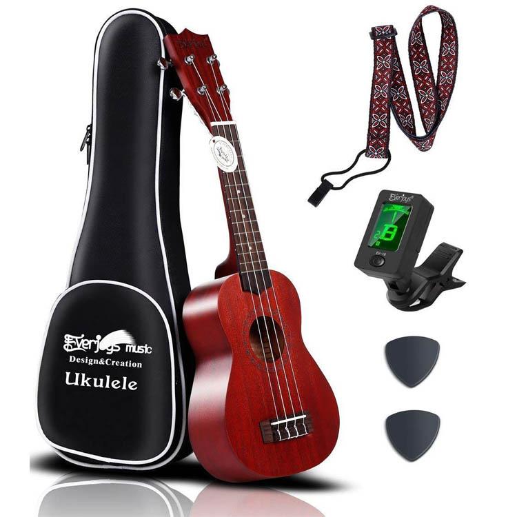 Ensemble d'ukulélé soprano acajou - professionnel 21 pouces avec accordeur pour bracelet Aquila Strings EVUKP01